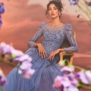 Beaded Lavender Blue Long Sleeve Evening Gown